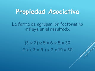 Propiedad Asociativa
La forma de agrupar los factores no
influye en el resultado.
(3 x 2) x 5 = 6 x 5 = 30
2 x ( 3 x 5 ) = 2 x 15 = 30
 
