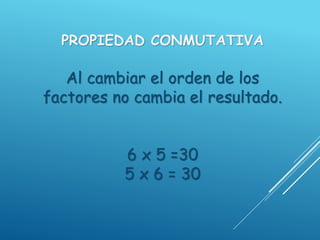 PROPIEDAD CONMUTATIVA
Al cambiar el orden de los
factores no cambia el resultado.
6 x 5 =30
5 x 6 = 30
 
