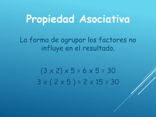 Propiedad Asociativa
La forma de agrupar los factores no
influye en el resultado.
(3 x 2) x 5 = 6 x 5 = 30
3 x ( 2 x 5 ) = 3 x 10 = 30
 