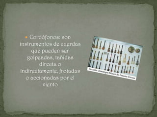  Cordófonos: son
instrumentos de cuerdas
     que pueden ser
   golpeadas, tañidas
        directa o
indirectamente, frotadas
   o accionadas por el
          viento
 