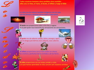 Todos nosotros tenemos cinco sentidos cinco sentidos
ellos son; la Vista, el Tacto, el Gusto, el Olfato y luego el Oído



La vista nos da colores también imágenes con los ojos
son las formas y siluetas con su color y naturaleza.




El tacto nos proporciona calor y frío liso y rugoso
es la piel quien nos transmite las sensaciones las sensaciones.




El gusto nos da sabores salado, dulce, amargo y agrio
con la lengua percibimos esos sabores, esos sabores.




El olfato proporciona con la nariz todos los olores,
los aromas y perfumes de las comidas y de las flores.



El oído proporciona con las orejas sonido y ruido,
y lo que hemos aprendido en esta canción son nuestros sentidos.
 