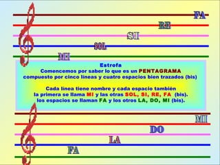 Estrofa
     Comencemos por saber lo que es un PENTAGRAMA
compuesto por cinco líneas y cuatro espacios bien trazados (bis)

        Cada línea tiene nombre y cada espacio también
   la primera se llama MI y las otras SOL, SI, RE, FA (bis).
    los espacios se llaman FA y los otros LA, DO, MI (bis).
 