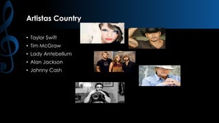 Artistas Country
• Taylor Swift

• Tim McGraw
• Lady Antebellum
• Alan Jackson
• Johnny Cash

 
