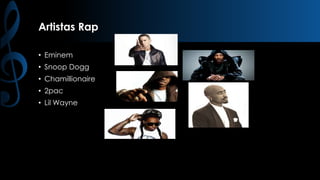 Artistas Rap
• Eminem

• Snoop Dogg
• Chamillionaire
• 2pac
• Lil Wayne

 