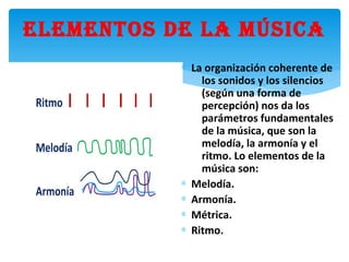 ElEmEntos dE la música
∗ La organización coherente de
los sonidos y los silencios
(según una forma de
percepción) nos da los
parámetros fundamentales
de la música, que son la
melodía, la armonía y el
ritmo. Lo elementos de la
música son:
∗ Melodía.
∗ Armonía.
∗ Métrica.
∗ Ritmo.
 