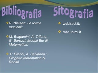 R. Nielsen: Le forme
musicali;
M. Belgamini, A. Trifone,
G. Barozzi: Moduli Blu di
Matematica;
 P. Brandi, A. Salvadori :
Progetto Matematica &
Realtà.
 webfract.it;
 mat.unimi.it
 