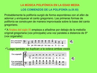 LA MÚSICA POLIFÓNICA EN LA EDAD MEDIA 
LOS COMIENZOS DE LA POLIFONÍA (s.IX-XI) 
Probablemente la polifonía surgió de forma espontánea con el afán de 
adornar y enriquecer el canto gregoriano. Las primeras formas de 
polifonía se construyen de manera improvisada sobre la base del canto 
gregoriano. 
A finales del siglo IX empieza a añadirse por debajo de la melodía 
original gregoriana (vox principalis) una voz paralela a distancia de 5ª 
(vox organalis): 
Luego también se duplican a la octava ambas voces 
 