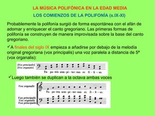 LA MÚSICA POLIFÓNICA EN LA EDAD MEDIA 
LOS COMIENZOS DE LA POLIFONÍA (s.IX-XI) 
Probablemente la polifonía surgió de forma espontánea con el afán de 
adornar y enriquecer el canto gregoriano. Las primeras formas de 
polifonía se construyen de manera improvisada sobre la base del canto 
gregoriano. 
A finales del siglo IX empieza a añadirse por debajo de la melodía 
original gregoriana (vox principalis) una voz paralela a distancia de 5ª 
(vox organalis): 
Luego también se duplican a la octava ambas voces 
 
