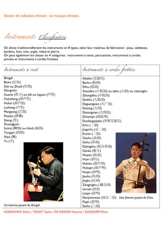 Dossier de civilisation chinoise : La musique chinoise.


	
  


Instruments	
             Classification


On divise traditionnellement les instruments en 8 types, selon leur matériau de fabrication : peau, calebasse,
bambou, bois, soie, argile, métal et pierre.
On peut également les classer en 4 catégories : instruments à vents, percussions, instruments à cordes
pincées et instruments à cordes frottées.


Instruments à vent                                          Instruments à cordes frottées

Bāngdí                                                      Aijieke (艾捷克)
Bawu (巴乌)                                                   Banhu (板胡)
Dízi ou Zhudi (竹笛)                                          Dihu (低胡)
Dòngxiāo                                                    Xiaodihu (小低胡) ou dahu (大胡) ou cizhonghu
Guanzi (管子) ou bili ou luguan (芦管)                          Zhongdihu (中低胡)
Hulusheng (葫芦笙)                                             Dadihu (大低胡)
Hulusi (葫芦丝)                                                Daguangxian (大广弦)
Lusheng (芦笙)                                                Datong (大筒)
Mangtong (芒筒)                                               Datongxian (大筒弦)
Paixiao (排箫)                                                Dixianqin (低絃琴)
Sheng (笙)                                                   Duolangaijieke (多朗艾捷克)
Shuangguan                                                  Erhu (二胡)
Suŏnà ( 吶) ou Haidi (海笛)                                    Jingerhu (京二胡)
Tongqin (筒钦)                                                Erxian (二弦)
Xiao (箫)                                                    Gaohu (高胡)
Yu (芋)                                                      Gehu (革胡)
                                                            Diyingehu (低音革胡)
                                                            Genka (根卡)
                                                            Hexian (和弦)
                                                            Huer (胡尔)
                                                            Huluhu (葫芦胡)
                                                            Huluqin (葫芦琴)
                                                            Huqin (胡琴)
                                                            Jiaohu (角胡)
                                                            Jinghu (京胡)
                                                            Zangjinghu ( 藏京胡)
                                                            Laruan (拉阮
                                                            Leiqin (雷琴)
                                                            Nanyinerxian (南音二弦) Une femme jouant du Erhu.
                                                            Paqin (琶琴)
Un homme jouant du Bāngdí                                   Sanhu (三胡)
HORIKAWA Shiho / TISSOT Sasha / DE RIDDER Noémie / ELKSSAIMI Maria

	
  
 