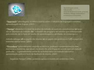 •Aprendizagem verbal;
                                                                  •Fala privada;
                                                                  •Zona de desemvolvimento proximal;
                                                                  •Andaime, diálogo colaborativo e
                                                                  conversações instrucionais



•“Approach” (abordagem) se refere a teorias sobre a natureza da linguagem e ensino/
aprendizagem de línguas. (2001)

•“Design” (desenho) é o nível da análise do método no qual nós consideramos (a) quais
são os objetivos do método; (b)... o modelo do programa de estudos que é incorporado
pelo método; (c) os tipos de tarefas de aprendizagem e atividades de ensino que o

método advoga; (d) os papéis dos alunos; (e) os papéis dos professores; e (f) o papel dos
materiais instrucionais. (2001)

•"Procedure" (procedimento) engloba as técnicas, práticas e comportamentos reais,
momento a momento, que atuam no ensino de uma língua de acordo com um método
particular. ... o procedimento centra-se na forma como um método lida com a
apresentação, prática e fases de feedback do ensino. (2001)

    Seguindo Hampel (2006), podemos aplicar o modelo em ambientes CMCL.
 