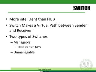 SWITCH
• More intelligent than HUB
• Switch Makes a Virtual Path between Sender
and Receiver
• Two types of Switches
– Managable
• Have its own NOS
– Unmanagable
Local Area Network
Sunawar Khan
 