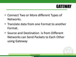 GATEWAY
• Connect Two or More different Types of
Networks.
• Translate data from one Format to another
Format.
• Source and Destination is from Different
Networks can Send Packets to Each Other
using Gateway
Local Area Network
Sunawar Khan
 