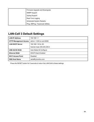 Firmware Upgrade and Downgrade
SNMP Support
Syslog Support
Real-Time Logging
Scheduled System Restarts
Ping, ARPing, Traceroute Utilities

LAN-Cell 3 Default Settings
LAN IP Address

192.168.1.1

HTTP Management Access

admin / 1234 on port 8080

LAN DHCP Server

192.168.1.33 to .65
Subnet mask 255.255.255.0

USB 4G/3G WAN

Auto Detect & Configure

Ethernet WAN

DHCP Client Enabled

Wi-Fi Access Point

Disabled

DNS Host Name

serial#.proxidns.com

Press the RESET button for 5 seconds to return the LAN-Cell to these settings.

94

 