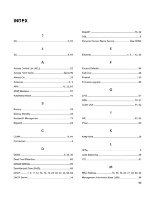 INDEX
3
3G ............................................................................... 6, 91

4
4G ............................................................................... 6, 91

A

DirectIP ..................................................................... 15, 22
DSL ................................................................................... 6
Dynamic Domain Name Service ....................... See DDNS

E
Ethernet ........................................................ 4, 6, 7, 12, 38

F

Access Control List (ACL) ............................................... 52

Factory Defaults .............................................................. 94

Access Point Name .............................................. See APN

Fail-Over ......................................................................... 28

Always On ....................................................................... 28

Firewall ......................................................................... i, 50

Antennas ....................................................................... 4, 5

Firmware upgrade ........................................................... 82

APN ..................................................................... 10, 22, 91
AT&T Wireless................................................................. 91
Automatic reboot ............................................................. 40

B
Backup ............................................................................ 28
Backup Standby .............................................................. 28

G
GRE ................................................................................ 61
GSM .......................................................................... 10, 91
Guest LAN ................................................................ 44, 92

I

Bandwidth Management.................................................. 75

IKE ............................................................................ 63, 65

Bigpond ........................................................................... 24

IPsec ............................................................................... 63

C
CDMA........................................................................ 10, 91
Connectors ........................................................................4

D

K
Keep-Alive....................................................................... 28

L
LEDs ................................................................................. 3

DDNS .................................................................... 9, 35, 36

Load Balancing ............................................................... 28

Dead Peer Detection ....................................................... 66

LTE .................................................................................. 91

Default Settings ............................................................... 94
Demilitarized Zone (DMZ) ............................................... 68

M

DHCP .......... 7, 9, 11, 12, 15, 16, 19, 23, 30, 34, 44, 56, 94

MAC Address ........................ 15, 16, 19, 20, 37, 48, 55, 56

DHCP Server................................................................... 34

Management Information Base (MIB) ............................. 84

99

 