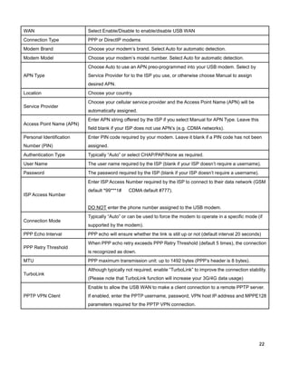 WAN

Select Enable/Disable to enable/disable USB WAN

Connection Type

PPP or DirectIP modems

Modem Brand

Choose your modem’s brand. Select Auto for automatic detection.

Modem Model

Choose your modem’s model number. Select Auto for automatic detection.
Choose Auto to use an APN preo-programmed into your USB modem. Select by

APN Type

Service Provider for to the ISP you use, or otherwise choose Manual to assign
desired APN.

Location
Service Provider

Access Point Name (APN)

Choose your country.
Choose your cellular service provider and the Access Point Name (APN) will be
automatically assigned.
Enter APN string offered by the ISP if you select Manual for APN Type. Leave this
field blank if your ISP does not use APN’s (e.g. CDMA networks).

Personal Identification

Enter PIN code required by your modem. Leave it blank if a PIN code has not been

Number (PIN)

assigned.

Authentication Type

Typically “Auto” or select CHAP/PAP/None as required.

User Name

The user name required by the ISP (blank if your ISP doesn’t require a username).

Password

The password required by the ISP (blank if your ISP doesn’t require a username).
Enter ISP Access Number required by the ISP to connect to their data network (GSM

ISP Access Number

default *99***1#

CDMA default #777).

DO NOT enter the phone number assigned to the USB modem.
Connection Mode
PPP Echo Interval
PPP Retry Threshold
MTU
TurboLink

Typically “Auto” or can be used to force the modem to operate in a specific mode (if
supported by the modem).
PPP echo will ensure whether the link is still up or not (default interval 20 seconds)
When PPP echo retry exceeds PPP Retry Threshold (default 5 times), the connection
is recognized as down.
PPP maximum transmission unit: up to 1492 bytes (PPP’s header is 8 bytes).
Although typically not required, enable “TurboLink” to improve the connection stability.
(Please note that TurboLink function will increase your 3G/4G data usage)
Enable to allow the USB WAN to make a client connection to a remote PPTP server.

PPTP VPN Client

If enabled, enter the PPTP username, password, VPN host IP address and MPPE128
parameters required for the PPTP VPN connection.

22

 