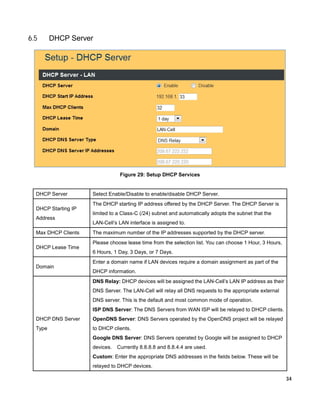 6.5

DHCP Server

Figure 29: Setup DHCP Services

DHCP Server
DHCP Starting IP
Address
Max DHCP Clients
DHCP Lease Time

Domain

Select Enable/Disable to enable/disable DHCP Server.
The DHCP starting IP address offered by the DHCP Server. The DHCP Server is
limited to a Class-C (/24) subnet and automatically adopts the subnet that the
LAN-Cell’s LAN interface is assigned to.
The maximum number of the IP addresses supported by the DHCP server.
Please choose lease time from the selection list. You can choose 1 Hour, 3 Hours,
6 Hours, 1 Day, 3 Days, or 7 Days.
Enter a domain name if LAN devices require a domain assignment as part of the
DHCP information.
DNS Relay: DHCP devices will be assigned the LAN-Cell’s LAN IP address as their
DNS Server. The LAN-Cell will relay all DNS requests to the appropriate external
DNS server. This is the default and most common mode of operation.
ISP DNS Server: The DNS Servers from WAN ISP will be relayed to DHCP clients.

DHCP DNS Server

OpenDNS Server: DNS Servers operated by the OpenDNS project will be relayed

Type

to DHCP clients.
Google DNS Server: DNS Servers operated by Google will be assigned to DHCP
devices.

Currently 8.8.8.8 and 8.8.4.4 are used.

Custom: Enter the appropriate DNS addresses in the fields below. These will be
relayed to DHCP devices.
34

 