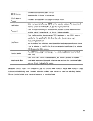 DDNS Service
DDNS Service
Provider
User Name

Password

Select Enable to enable DDNS service.
Select Disable to disable DDNS service.
Select the desired DDNS service provider from the list.
Enter your username for your DDNS service provider account. We recommend
avoiding special characters (#, $, &, @, etc) in your password.
Enter your password for your DDNS service provider account. We recommend
avoiding special characters (#, $, &, @, etc) in your password.
Enter the full-qualified domain name (FQDN) assigned by your DDNS service
provider for this specific LAN-Cell. Enter the entire domain name, e.g.:

Host Name

myrouter.mydomain.com
You must define this hostname within your DDNS service provider account before
it can be updated by the LAN-Cell. The hostname must match exactly on both the
DDNS account and this screen.

Custom Server

If your DDNS service provider assigns you a custom update server, enter that
value here.
Once your DDNS values have been saved, this button is enabled to force the

Synchronize Now

LAN-Cell to attempt to update the DDNS service provider with the latest WAN IP
address. Check the Log for full results.

The DDNS settings are the same for both the USB and Ethernet WAN interfaces. If both WAN interfaces will be
operating simultaneously, enter a different hostname for each WAN interface. If the WANs are being used in
fail-over (backup) mode, enter the same hostname for both interfaces.

36

 