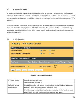 8.2

IP Access Control

IP Access Control is used to either allow or deny specific types of “outbound” connections from specific LAN IP
addresses. Each rule defines a custom Access Control List (ACL) that the LAN-Cell 3 uses to determine if a packet
is to be routed or not. By default, the LAN-Cell 3 allows all LAN devices to connect to all external ports on any WAN
interface.

Outbound IP Access Control rules are typically used to limit end-user access to one or more Internet services that
have been deemed an inappropriate use of the WAN connection. The rules can also be used to create routing
policies that force specific types of traffic to flow through specific WAN interfaces (e.g. all E-Mail must go through
the Ethernet WAN only).

8.2.1

IP ACL Settings

Figure 45: IP Access Control Setup

IP Access Control

Select Enable to enable ACL.
Select Disable to disable ACL.

Default IP Access

Check Allow to allow LAN devices to communicate with the WAN interfaces except

Control Action

for the ACL rules (deny rules) defined in the table below.
Check Deny to prevent LAN devices from communicating with the WAN interfaces
except for the ACL rules (permit rules) defined in the table below.
52

 