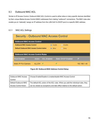 8.3

Outbound MAC ACL

Similar to IP Access Control, Outbound MAC ACL Control is used to either allow or deny specific devices identified
by their unique Media Access Control (MAC) addresses from making “outbound” connections. The MAC rules also
enable you to “statically” assign an IP address from the LAN-Cell 3’s DHCP pool to a specific MAC address.

8.3.1

MAC ACL Settings

Figure 48: Outbound MAC Address Control Setup

Outbound MAC Access

Choose Enable/Disable to enable/disable MAC Access Control

Control
Default Outbound MAC

The default ACL action of the ACL rules. When you add the individual rules, they

Access Control Action

can be viewed as exceptions and take effect relative to the default action.

55

 