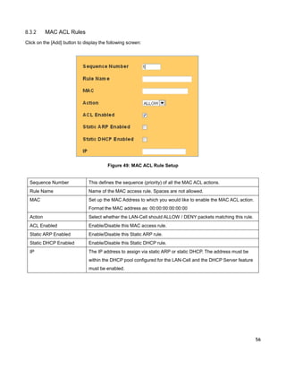 8.3.2

MAC ACL Rules

Click on the [Add] button to display the following screen:

Figure 49: MAC ACL Rule Setup

Sequence Number

This defines the sequence (priority) of all the MAC ACL actions.

Rule Name

Name of the MAC access rule. Spaces are not allowed.

MAC

Set up the MAC Address to which you would like to enable the MAC ACL action.
Format the MAC address as: 00:00:00:00:00:00

Action

Select whether the LAN-Cell should ALLOW / DENY packets matching this rule.

ACL Enabled

Enable/Disable this MAC access rule.

Static ARP Enabled

Enable/Disable this Static ARP rule.

Static DHCP Enabled

Enable/Disable this Static DHCP rule.

IP

The IP address to assign via static ARP or static DHCP. The address must be
within the DHCP pool configured for the LAN-Cell and the DHCP Server feature
must be enabled.

56

 