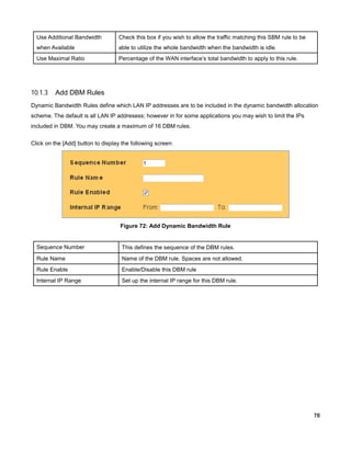 Use Additional Bandwidth

Check this box if you wish to allow the traffic matching this SBM rule to be

when Available

able to utilize the whole bandwidth when the bandwidth is idle.

Use Maximal Ratio

Percentage of the WAN interface’s total bandwidth to apply to this rule.

10.1.3

Add DBM Rules

Dynamic Bandwidth Rules define which LAN IP addresses are to be included in the dynamic bandwidth allocation
scheme. The default is all LAN IP addresess; however in for some applications you may wish to limit the IPs
included in DBM. You may create a maximum of 16 DBM rules.
Click on the [Add] button to display the following screen:

Figure 72: Add Dynamic Bandwidth Rule

Sequence Number

This defines the sequence of the DBM rules.

Rule Name

Name of the DBM rule. Spaces are not allowed.

Rule Enable

Enable/Disable this DBM rule

Internal IP Range

Set up the internal IP range for this DBM rule.

78

 