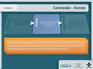 2. Acesso                                    Conclusão - Acesso




     Lan Houses são espaços de grande importância para a democratização
     do acesso de públicos menos favorecidos às tecnologias de informação,
     freqüentados por um número significativo de brasileiros.
 