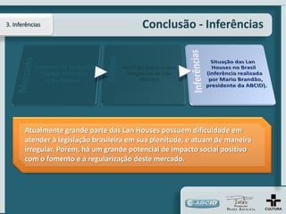 3. Inferências                            Conclusão - Inferências




       Atualmente grande parte das Lan Houses possuem dificuldade em
       atender à legislação brasileira em sua plenitude, e atuam de maneira
       irregular. Porém, há um grande potencial de impacto social positivo
       com o fomento e a regularização deste mercado.
 