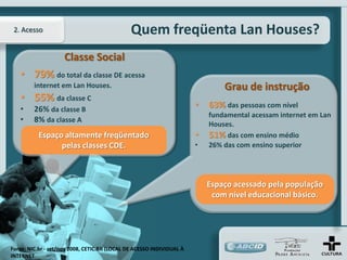 2. Acesso                                     Quem freqüenta Lan Houses?
                     Classe Social
   • 79% do total da classe DE acessa
         internet em Lan Houses.                                               Grau de instrução
   • 55% da classe C
   •     26% da classe B                                               •   63% das pessoas com nível
                                                                           fundamental acessam internet em Lan
   •     8% da classe A
                                                                           Houses.
          Espaço altamente freqüentado                                 •   51% das com ensino médio
                pelas classes CDE.                                     •   26% das com ensino superior




                                                                           Espaço acessado pela população
                                                                            com nível educacional básico.




Fonte: NIC.br - set/nov 2008, CETIC.BR (LOCAL DE ACESSO INDIVIDUAL À
INTERNET
 