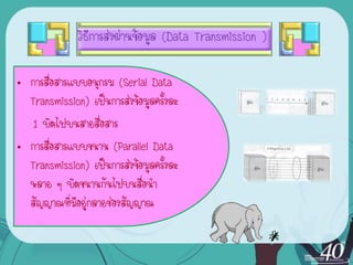 วิธีการส่งผ่านข้อมูล (Data Transmission )

• การสื่อสารแบบอนุกรม (Serial Data
  Transmission) เป็นการส่งข้อมูลครั้งละ
   1 บิตไปบนสายสื่อสาร
• การสื่อสารแบบขนาน (Parallel Data
  Transmission) เป็นการส่งข้อมูลครั้งละ
  หลาย ๆ บิตขนานกันไปบนสื่อนา
  สัญญาณที่มีอยู่กลายช่องสัญญาณ
 