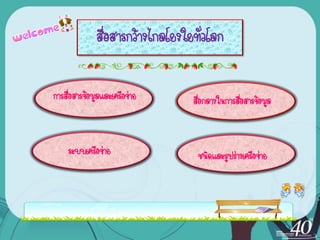 สื่อสารกว้างไกลโยงใยทัวโลก
                                    ่

การสือสารข้อมูลและเครือข่าย
     ่                           สือกลางในการสือสารข้อมูล
                                   ่           ่



    ระบบ๶ครือข่าย                 ชนิดและรูปร่างเครือข่าย
 