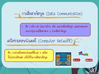การสื่อสารข้อมูล (Data Communication)

               • คือ การรับ-ส่ง โดยการย้าย หรือ แลกเปลี่ยนข้อมูล และสารสนเทศ
                 ระหว่างอุปกรณ์สื่อสารต่าง ๆ ผ่านสื่อนาข้อมูล

เครือข่ายคอมพิวเตอร์ (Computer Network)
คือ การนาเครื่องคอมพิวเตอร์ตั้งแต่ 2 เครื่อง
ขึ้นไปมาเชื่อมต่อ เพื่อใช้ในการสื่อสารข้อมูล
 