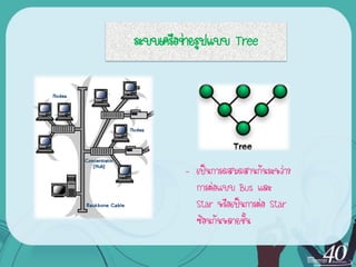 ระบบ๶ครือข่ายรูปแบบ Tree




         – เป็นการผสมผสานกันระหว่าง
           การต่อแบบ Bus และ
           Star หรือเป็นการต่อ Star
           ซ้อนกันหลายชั้น
 
