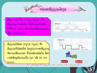 ชนิดของสัญญาณข้อมูล

• สัญญาณอนาล็อก (Analog Signal) เป็น
  สัญญาณแบบต่อเนื่อง ที่มีลักษณะเป็นคลื่น
  ไซน์(Sine Wave) โดยหน่วยวัดสัญญาณแบบ
  นี้คือ เฮิรตซ์(Hertz)

• สัญญาณดิจิตอล (Digital Signal) คือ
  สัญญาณที่ไม่ต่อเนื่อง โดยรูปแบบของสัญญาณ
  มีความเปลี่ยนแปลง ที่ไม่ปะติดปะต่อกัน อัตรา
  การส่งข้อมูลมีหน่วยเป็น bps หรือ Bit Per
  Second
 