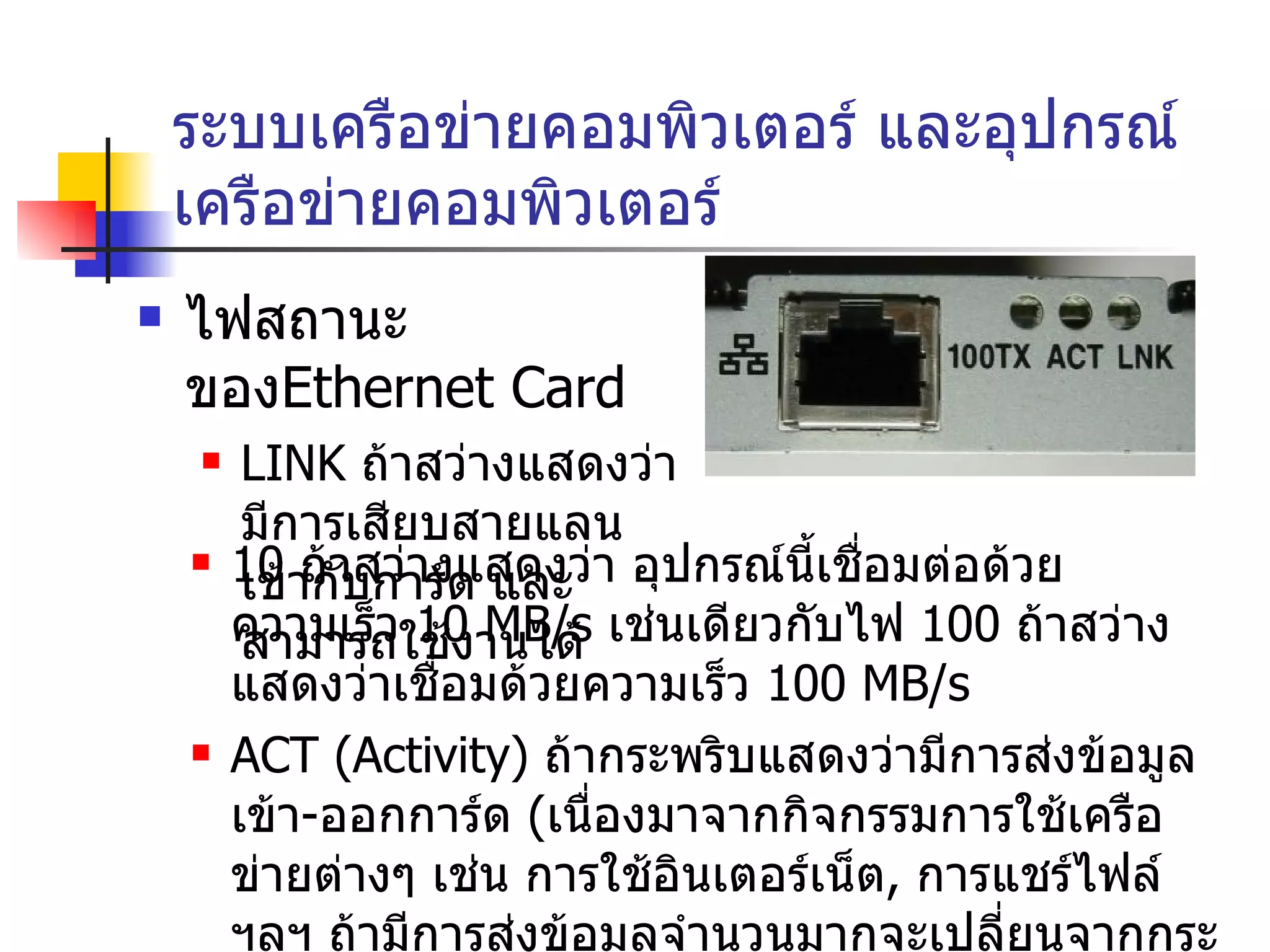 ระบบเครือข่ายคอมพิวเตอร์ และอุปกรณ์เครือข่ายคอมพิวเตอร์ ไฟสถานะของ Ethernet Card LINK  ถ้าสว่างแสดงว่า มีการเสียบสายแลนเข้ากับการ์ด และสามารถใช้งานได้ 10  ถ้าสว่างแสดงว่า อุปกรณ์นี้เชื่อมต่อด้วยความเร็ว  10 MB/s   เช่นเดียวกับไฟ  100  ถ้าสว่างแสดงว่าเชื่อมด้วยความเร็ว  100  MB/s ACT (Activity)  ถ้ากระพริบแสดงว่ามีการส่งข้อมูลเข้า - ออกการ์ด  ( เนื่องมาจากกิจกรรมการใช้เครือข่ายต่างๆ เช่น การใช้อินเตอร์เน็ต ,  การแชร์ไฟล์ ฯลฯ ถ้ามีการส่งข้อมูลจำนวนมากจะเปลี่ยนจากกระพริบมาเป็นสว่างค้างตลอดเวลา 