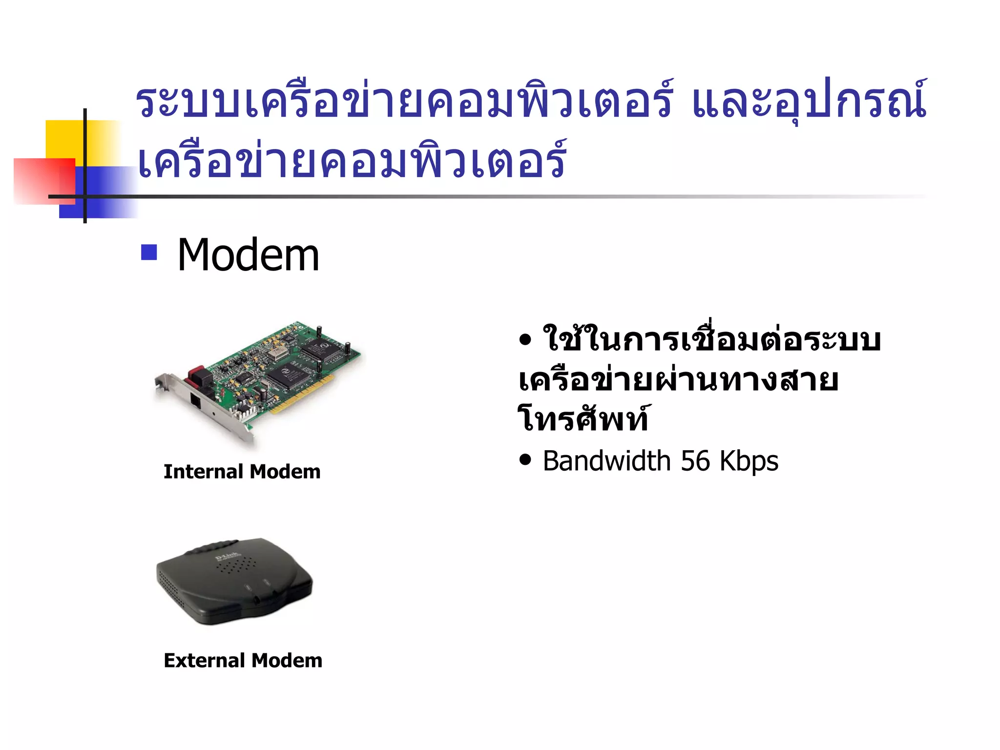 ระบบเครือข่ายคอมพิวเตอร์ และอุปกรณ์เครือข่ายคอมพิวเตอร์ Modem Internal Modem External Modem ใช้ในการเชื่อมต่อระบบเครือข่ายผ่านทางสายโทรศัพท์ Bandwidth 56 Kbps 