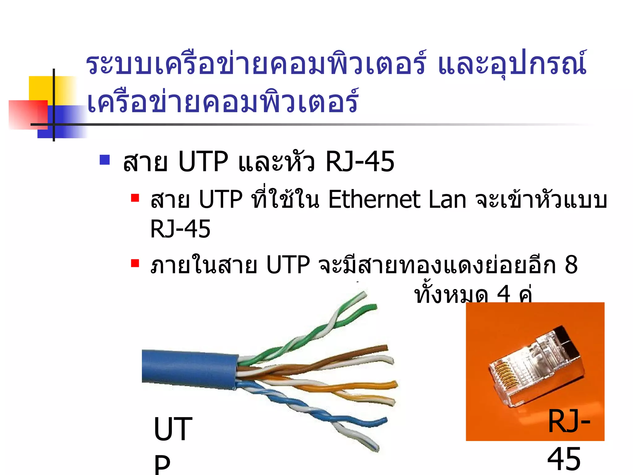 ระบบเครือข่ายคอมพิวเตอร์ และอุปกรณ์เครือข่ายคอมพิวเตอร์ สาย  UTP  และหัว   RJ-45 สาย  UTP  ที่ใช้ใน  Ethernet Lan  จะเข้าหัวแบบ  RJ-45 ภายในสาย  UTP  จะมีสายทองแดงย่อยอีก  8  เส้น โดยถูกจัดกลุ่มเป็นคู่ๆ ทั้งหมด  4  คู่ RJ-45 UTP 