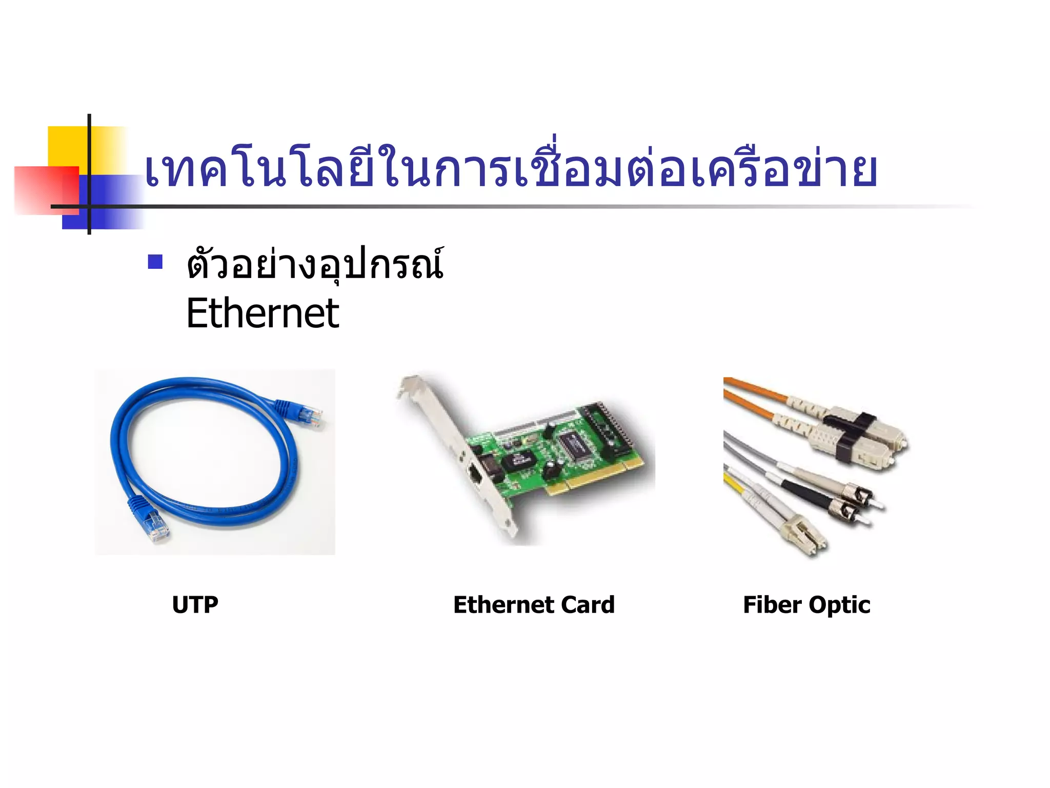 เทคโนโลยีในการเชื่อมต่อเครือข่าย ตัวอย่างอุปกรณ์  Ethernet UTP Ethernet Card Fiber Optic 