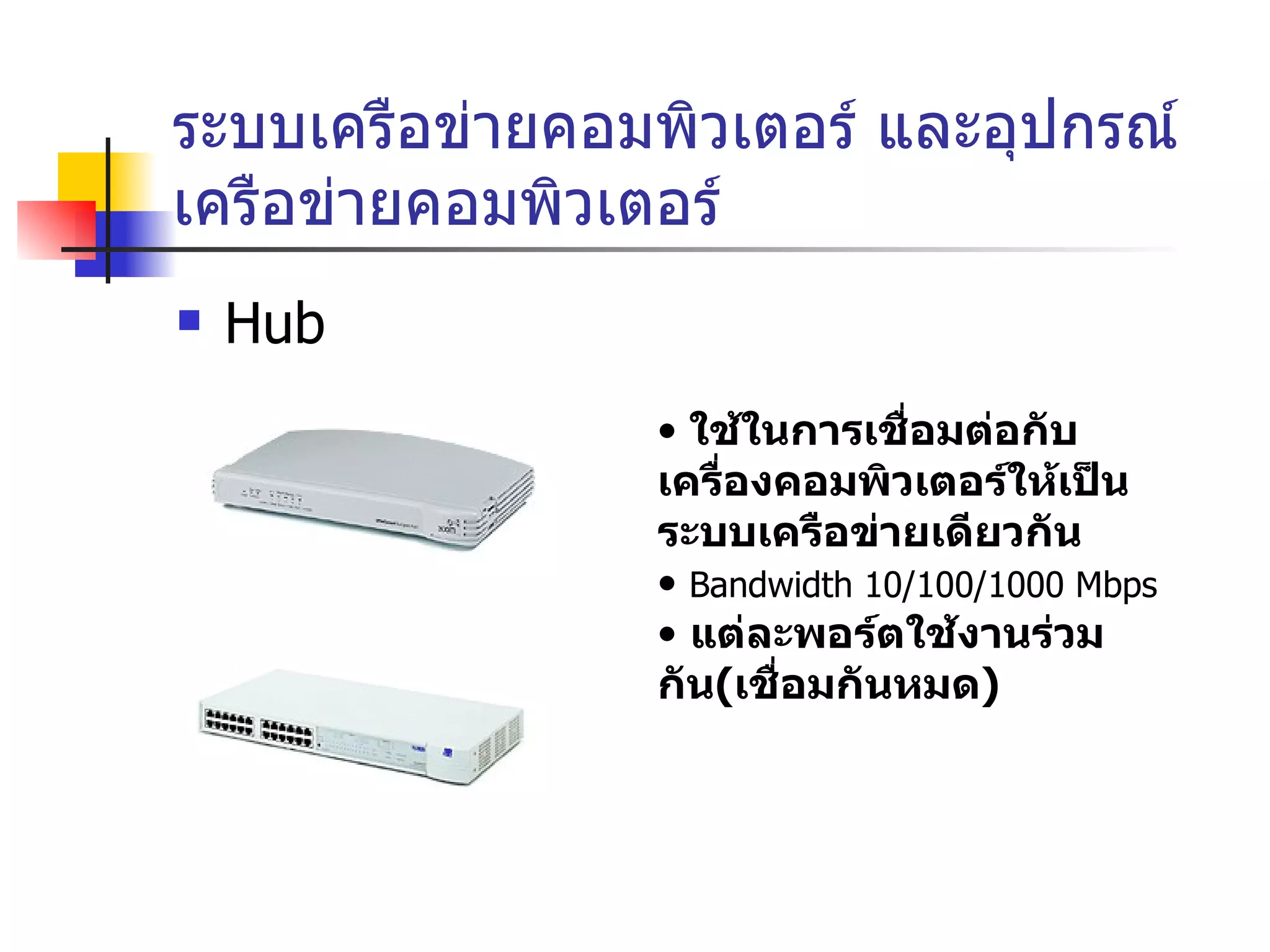 ระบบเครือข่ายคอมพิวเตอร์ และอุปกรณ์เครือข่ายคอมพิวเตอร์ Hub ใช้ในการเชื่อมต่อกับเครื่องคอมพิวเตอร์ให้เป็นระบบเครือข่ายเดียวกัน Bandwidth 10/100/1000 Mbps แต่ละพอร์ตใช้งานร่วมกัน ( เชื่อมกันหมด )  