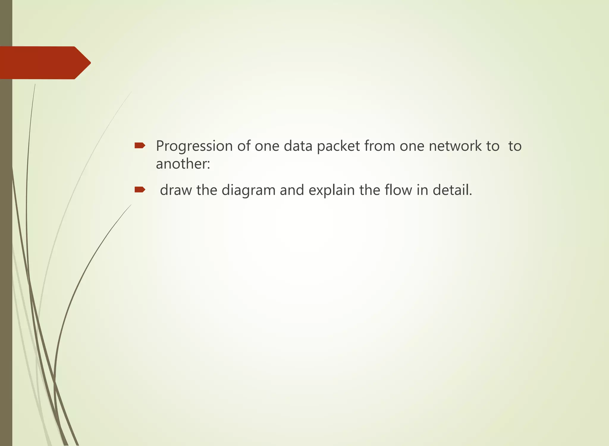  Progression of one data packet from one network to to
another:
 draw the diagram and explain the flow in detail.
 
