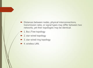  Distances between nodes, physical interconnections,
transmission rates, or signal types may differ between two
networks, yet their topologies may be identical.
 1. Bus /Tree topology
 2. star-wired topology
 3. star-wired ring topology
 4. wireless LAN.
 