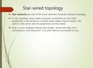 Star-wired topology
 Star networks are one of the most common computer network topology.
 In star topology, every node (computer workstation or any other
peripheral) is connected to a central node called a hub or switch. The
switch is the server and the peripherals are the clients
 Hub is a non intelligent device that simply receive the data from
workstations and retransmit it to other devices connected to hub..
 