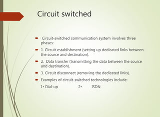 Circuit switched
 Circuit-switched communication system involves three
phases:
 1. Circuit establishment (setting up dedicated links between
the source and destination).
 2. Data transfer (transmitting the data between the source
and destination).
 3. Circuit disconnect (removing the dedicated links).
 Examples of circuit-switched technologies include:
1• Dial-up 2• ISDN
 