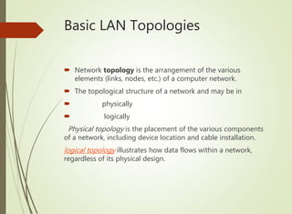 Basic LAN Topologies
 Network topology is the arrangement of the various
elements (links, nodes, etc.) of a computer network.
 The topological structure of a network and may be in
 physically
 logically
Physical topology is the placement of the various components
of a network, including device location and cable installation.
logical topology illustrates how data flows within a network,
regardless of its physical design.
 