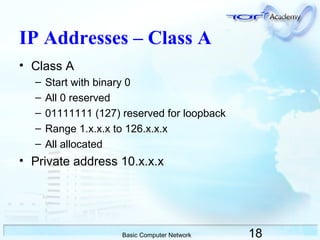 18Basic Computer Network
IP Addresses – Class A
• Class A
– Start with binary 0
– All 0 reserved
– 01111111 (127) reserved for loopback
– Range 1.x.x.x to 126.x.x.x
– All allocated
• Private address 10.x.x.x
 