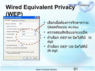 61Basic Computer Network
Wired Equivalent Privacy
(WEP)
• เลือกเมื่อต้องการรักษาความ
ปลอดภัยแบบ Ac-Hoc
• ตรวจสอบสิทธิแบบระบบปิด
• ถ้าเลือก WEP 64 บิตใส่คีย์ 10
digit
• ถ้าเลือก WEP 128 บิตใส่คีย์
26 digit
 