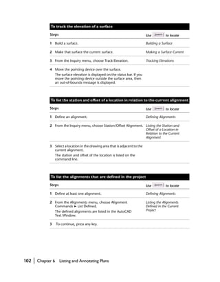 To track the elevation of a surface

                Steps                                                                Use          to locate

                1 Build a surface.                                                   Building a Surface

                2 Make that surface the current surface.                             Making a Surface Current

                3 From the Inquiry menu, choose Track Elevation.                     Tracking Elevations

                4 Move the pointing device over the surface.
                      The surface elevation is displayed on the status bar. If you
                      move the pointing device outside the surface area, then
                      an out-of-bounds message is displayed.




                To list the station and offset of a location in relation to the current alignment

                Steps                                                                Use          to locate

                1 Define an alignment.                                               Defining Alignments

                2 From the Inquiry menu, choose Station/Offset Alignment. Listing the Station and
                                                                          Offset of a Location in
                                                                          Relation to the Current
                                                                          Alignment

                3 Select a location in the drawing area that is adjacent to the
                  current alignment.
                      The station and offset of the location is listed on the
                      command line.




                To list the alignments that are defined in the project

                Steps                                                                Use          to locate

                1 Define at least one alignment.                                     Defining Alignments

                2 From the Alignments menu, choose Alignment                         Listing the Alignments
                  Commands ➤ List Defined.                                           Defined in the Current
                      The defined alignments are listed in the AutoCAD               Project
                      Text Window.

                3     To continue, press any key.




102   |   Chapter 6     Listing and Annotating Plans
 