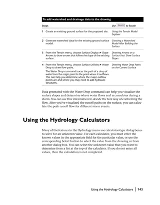 To add watershed and drainage data to the drawing

      Steps                                                            Use          to locate

      1 Create an existing ground surface for the proposed site.       Using the Terrain Model
                                                                       Explorer

      2 Generate watershed data for the existing ground surface        Creating a Watershed
        model.                                                         Model After Building the
                                                                       Surface

      3 From the Terrain menu, choose Surface Display ➤ Slope Drawing Arrows on a
        Arrows to draw arrows that follow the slope of the existing Surface that Show Surface
        surface.                                                    Slopes

      4 From the Terrain menu, choose Surface Utilities ➤ Water        Drawing Water Drop Paths
        Drop to draw flow paths.                                       on the Current Surface
         The Water Drop command traces the path of a drop of
         water from the origin point to the point where it outflows.
         This can help you determine where the major outflow
         points are and where you may need to add hydraulic
         structures.


      Data generated with the Water Drop command can help you visualize the
      surface slopes and determine where water flows and accumulates during a
      storm. You can use this information to decide the best way of controlling the
      flow. After you’ve visualized the runoff paths on the surface, you can calcu-
      late the peak runoff flow for different storm events.




Using the Hydrology Calculators
      Many of the features in the Hydrology menu use calculator-type dialog boxes
      to solve for an unknown value. For each calculator, you must enter the
      known values in the appropriate field for the particular value, or use the
      corresponding Select button to select the value from the drawing or from
      another dialog box. You can select the unknown value that you want to
      determine from a list at the top of the calculator. If you do not enter all
      values, then the calculation is not completed.




                                                   Using the Hydrology Calculators          |    143
 
