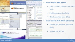  Visual Studio 2008 (Orcas)

                          .NET 3.5 (LINQ, LINQ-to-SQL, WPF,
                            WCF)

                          IntelliSense pour JavaScript

                          Développement pour Office

                      Visual Studio 2010 (DEV10/Rosario)

                          Refonte de l’interface graphique
                            (WPF)

                          Support de .NET 4.0




Visual Studio 2012
 