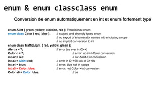 enum & enum classclass enum
     Conversion de enum automatiquement en int et enum fortement typé

 enum Alert { green, yellow, election, red }; // traditional enum
 enum class Color { red, blue };     // scoped and strongly typed enum
                                     // no export of enumerator names into enclosing scope
                                     // no implicit conversion to int
 enum class TrafficLight { red, yellow, green };
 Alert a = 7;                        // error (as ever in C++)
 Color c = 7;                                       // error: no int->Color conversion
 int a2 = red;                                      // ok: Alert->int conversion
 int a3 = Alert::red;                // error in C++98; ok in C++0x
 int a4 = blue;                      // error: blue not in scope
 int a5 = Color::blue;               // error: not Color->int conversion
 Color a6 = Color::blue;                            // ok
 