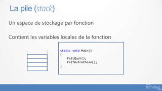 La pile (stack)




                  static void Main()
                  {
                      FaitQqch();
                      FaitAutreChose();
                  }
 